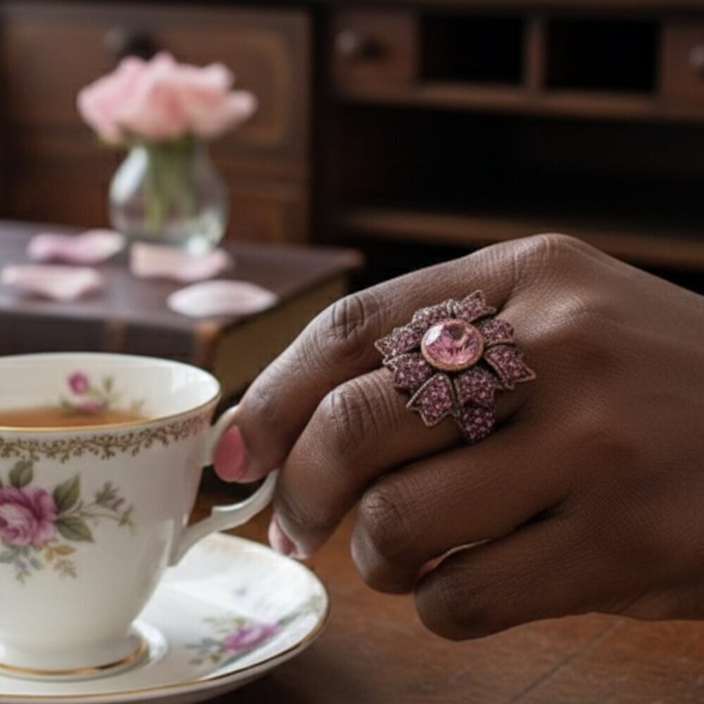 La Vintage Pink and Bronze Stunning Statement Floral Crystal Ring Size 6 - Picture 7 of 7